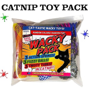 May include: A clear plastic bag filled with a variety of cat toys. The toys are colorful and include springs, fuzzy balls, and twisty tubes. The bag has a label that says "Wacky Pack" and "Cat-Tastic Wacky Toys!" with the text "3 Action Springs! 3 Fuzzy Balls! 3 Twisty Tubes! In Catnip!" The label also includes the text "Series 1, 9 Toys! Super Value!" and "Creekwoodnaturals.com".