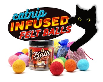 May include: A jar of six catnip infused felt balls labeled "6 Balls of Fire Flames Infused Felt Balls". The jar is next to a black cat silhouette and a purple drawstring bag filled with catnip. There are also several colorful felt balls scattered around the jar.