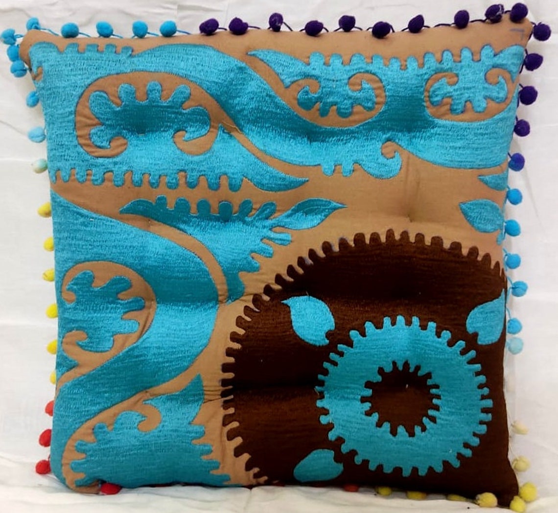 Embroidery Chair Cushion Tufted Seat Pads With Pompom Wicker Etsy