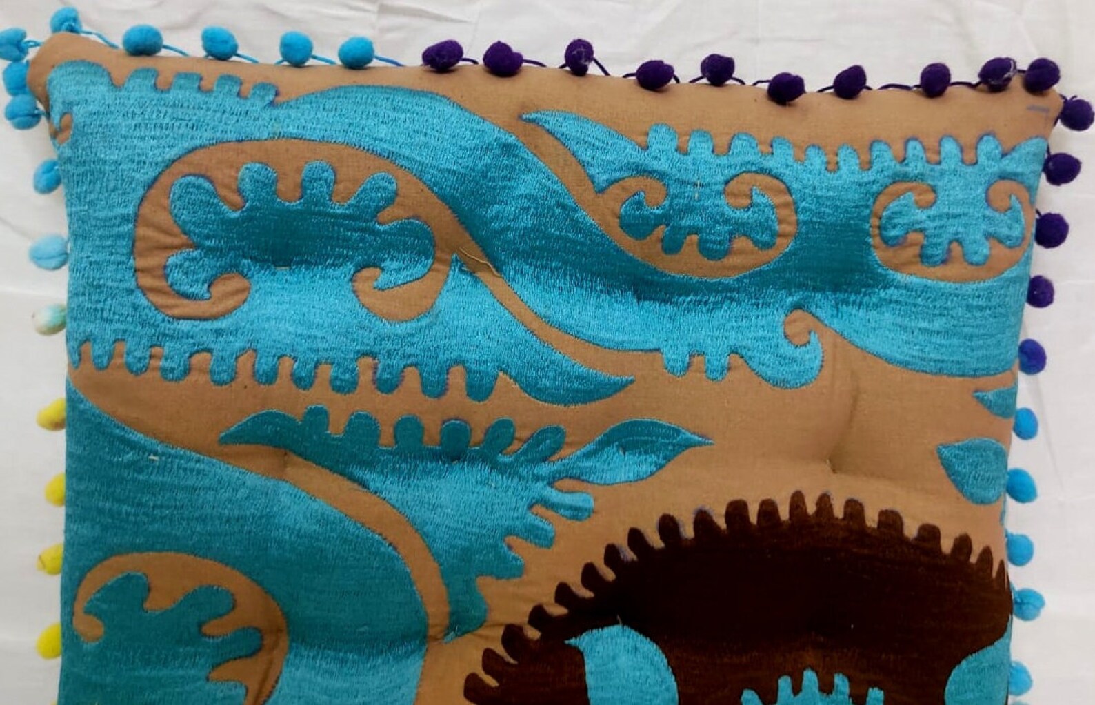 Embroidery Chair Cushion Tufted Seat Pads With Pompom Wicker Kitchen