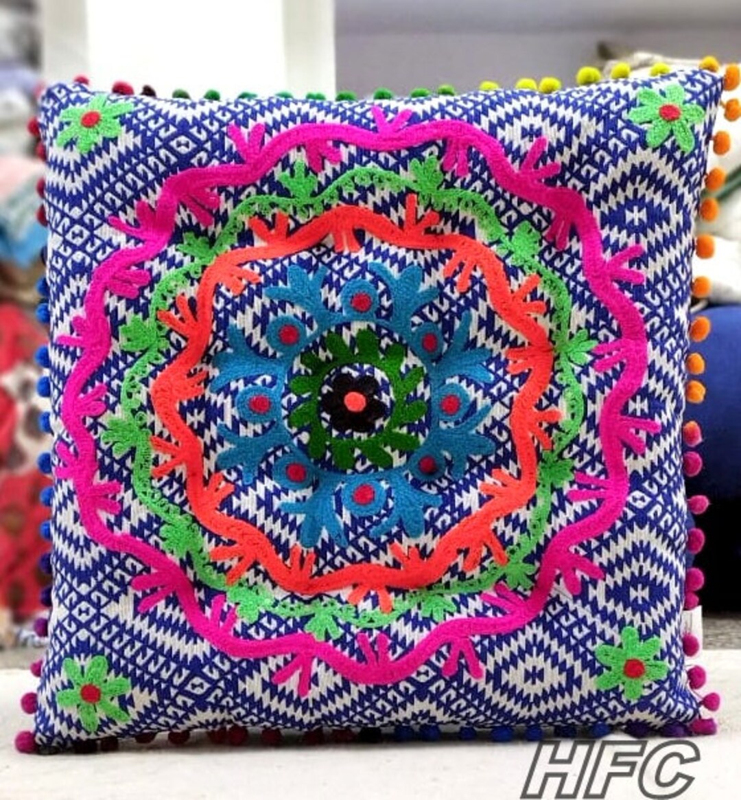 Embroidery Chair Cushion Tufted Seat Pads With Pompom Wicker Etsy