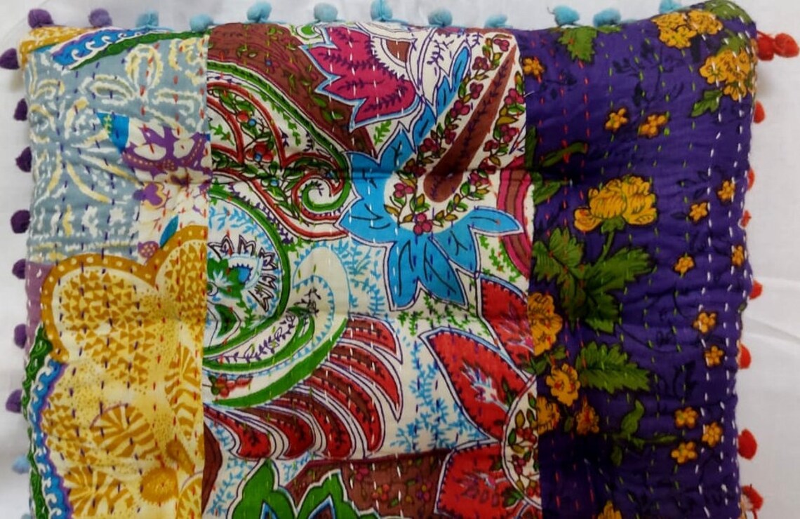 Kantha Chair Cushion Tufted Seat Pads With Pompom Wicker | Etsy