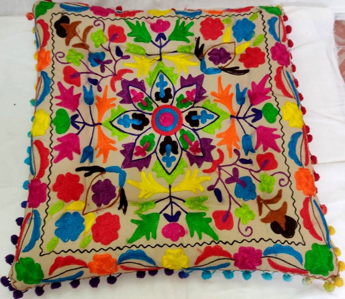 Embroidery Chair Cushion Tufted Seat Pads With Pompom Wicker Etsy