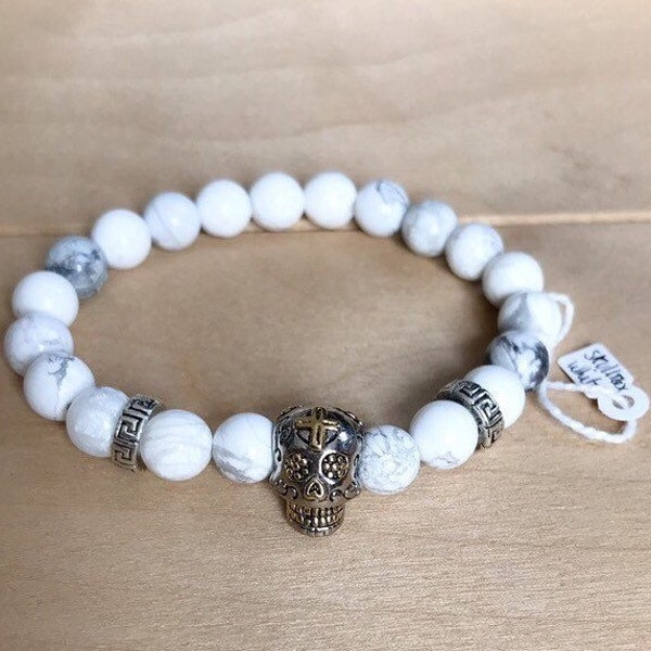 Bracelet Skull mixte en pierre d’Howlite blanche