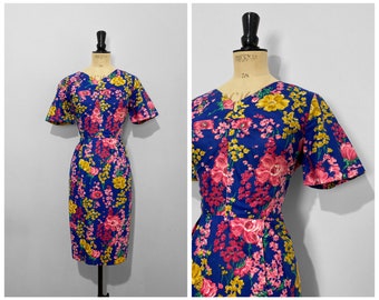 Vintage / 1950s 50s / Floral Wiggle Dress / Pink Blue Yellow / Summer Dress / Pinup