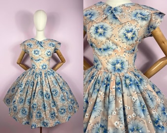 1950s Vintage Dress | Blue Floral Chiffon Full Skirt Party Prom Evening | Medium