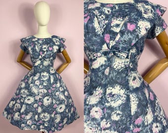 Vintage / 1950s 50s / Floral Day Dress Full Skirt Swing Party / Blue Pink White / Pinup