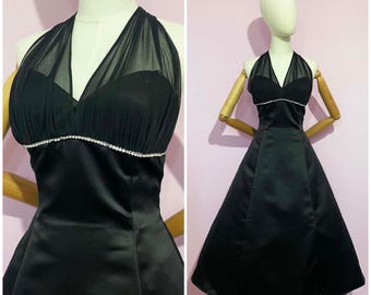 Vintage / 1980s 80s Does 1950s 50s /Marilyn Monroe Black Halter Full Skirt Evening Dress / Fit & Flare / Rhinestone / Cocktail Gown / Pinup