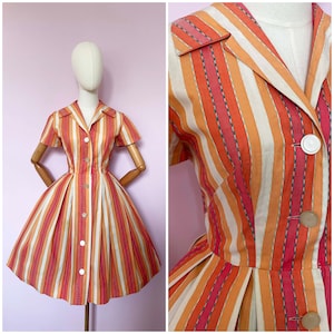 Vintage / 1950s 50s / Full Skirt Day Dress / Pink Orange White / Circle Skirt / Pinup