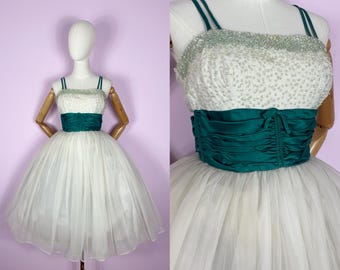 True Vintage 1950 Ballgown | Sequin White Tulle Teal Sash Prom Blanes of London | XS