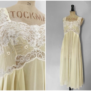Vintage / Década de 1960 Anos 60 / Camisola Lingerie Vintage / Amarelo Limão Branco / Renda / Pinup