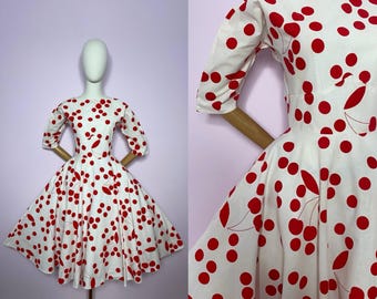Vestido vintage de los años 50 / Falda larga con estampado novedoso, estilo rockabilly cereza, pin-up de verano / Talla pequeña