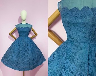 Vintage / 1950s 50s / Full Skirt Lace Gown / Party Dress Mid Century Cocktail Dress / Blue / Pinup
