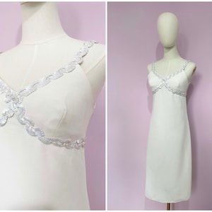 Vintage / 1970s 70s / Slip Dress / Minimalist Bridal Evening Dress Party Dress / White / Beaded Straps / Abba Silver Sparkle