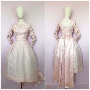 Vestido de noche vintage de satén con encaje rosa de los años 50 y 50, vestido de fiesta de boda, falda amplia.