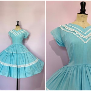 Vintage / 1950s 50s / Mexican Style Full Skirt Lace Dress / Blue White / Frill Pinup