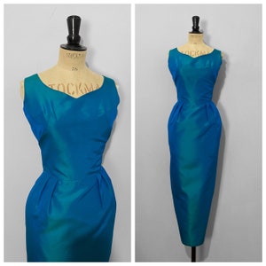 Vintage / 1950s 50s / Metallic Evening Gown / Full length Wiggle Dress / Blue / Pinup