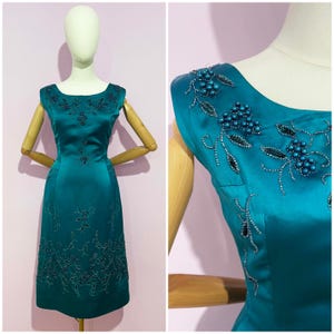 Vintage / 1950s 50s / Teal Wiggle Dress with Beaded Detail / Cocktail Dress / PinUp
