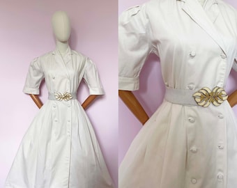 Vestido auténtico vintage de los años 80 / Laura Ashley, blanco, de algodón, con mangas abullonadas y cuello Peter Pan / Talla grande