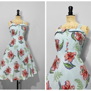 Vintage / 2000s 00s does 1950s 50s / Tropical Print Floral Dress / Full Skirt Circle Skirt / Pinup