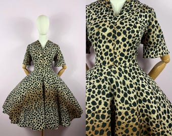Auténtico vestido vintage de los años 80 / Estampado de leopardo, falda amplia, cuello, fiesta de día / Talla grande