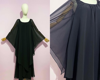 Vestido auténtico vintage de los años 80 / Vestido largo de noche de gasa negra con capa y mangas murciélago / Talla M