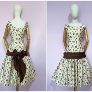 Vintage /1950s 50s / Full Skirt Drop Waist Dress / Floral Sash Bow / Pink Blue Cream Purple Green Yellow / Pinup