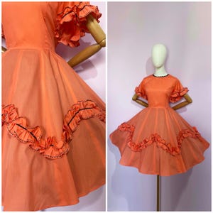 Vintage / 1950s 50s / Full Skirt Ruffle Dress / Pinup / Orange Navy Peach