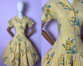 True Vintage 1950s Dress | Yellow Stripe Floral Button Front Drop Waist Nettie Vogue | Medium