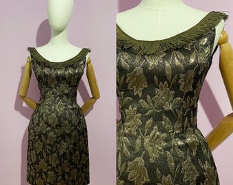 Vintage / Años 50 / Vestido con efecto ondulado / Tejido flocado metalizado / Vestido de fiesta con flecos / Pin-up