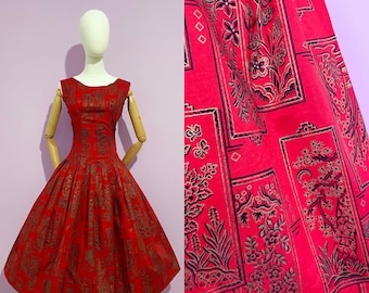 True Vintage 1950s Dress | Red Chinoiserie Novelty Print Full Skirt Brocade Fit & Flare Dress  | Small