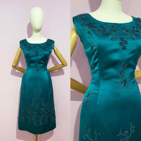 True Vintage 1950s Dress | Teal Satin Hand Beaded Floral Wiggle Cocktail Dress | Small