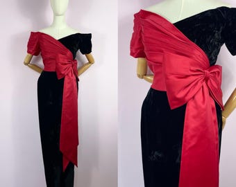 Vestido vintage de los años 80 / Vestido de cóctel estilo años 50 para alfombra roja con lazo llamativo Negro Rojo