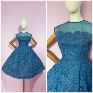 Vintage / 1950s 50s / Full Skirt Lace Gown / Party Dress Mid Century Cocktail Dress / Blue / Pinup