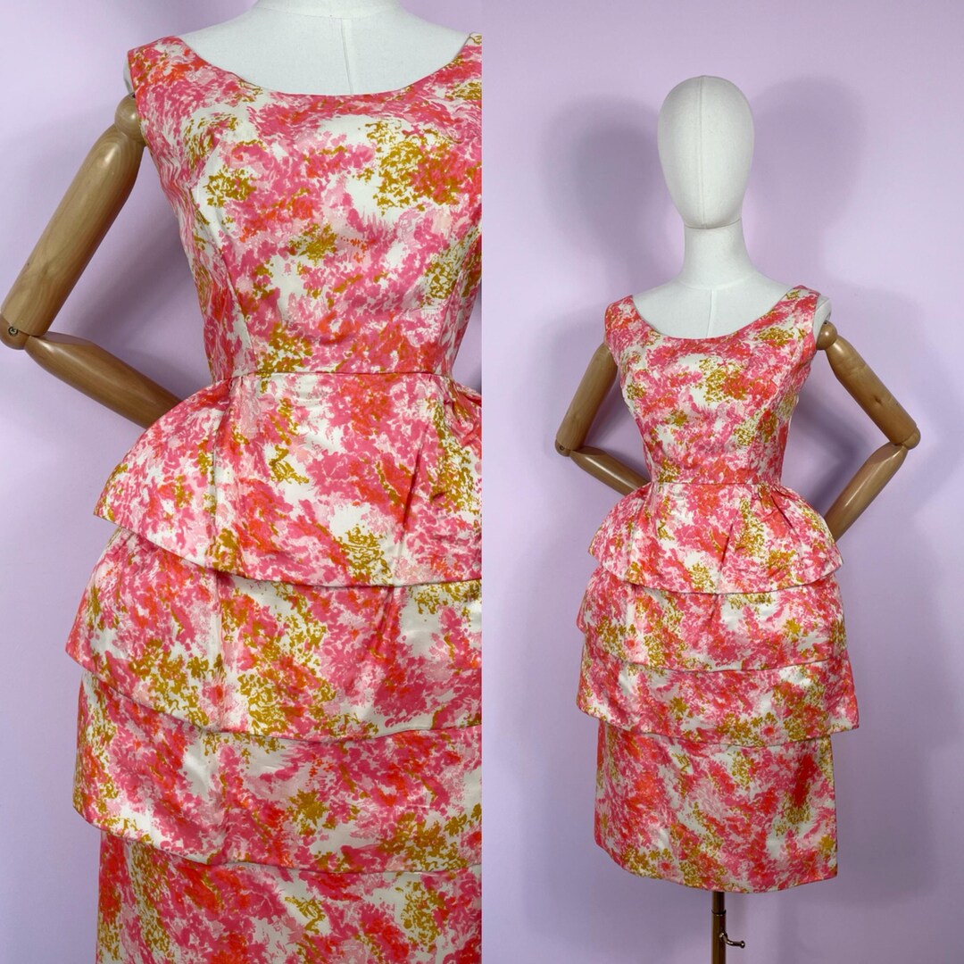 1950s Vintage Dress | Floral Wiggle Ruffle Tiered Cocktail Evening | M ...