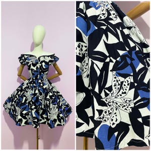 Vintage / 1950s 50s / Full Skirt Summer Dress / Tropical Blue White / pinup