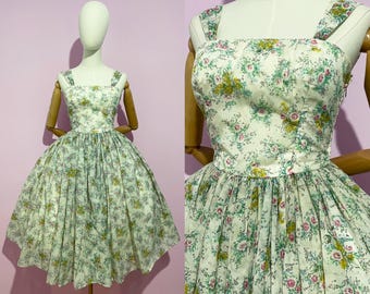 True Vintage 1950s Dress | Cream Floral Square Neck Ditsy Print Full Skirt Day | Small