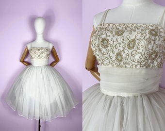 True Vintage 1950s Ballgown | White Gold Tulle Pearl Embroidered Prom Blanes of London | XS
