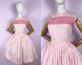 Vestido vintage de los años 50 / Falda larga de algodón rosa bordada para fiesta de día / Talla M