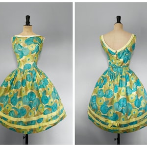 Vintage / 1950s 50s / Full Skirt Cotton Party Dress / Yellow Green Blue / Pinup