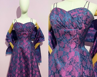 Vestido y chal auténticos de estilo vintage de los años 50 / Cóctel, escote corazón, brocado, falda amplia, fiesta / Talla M