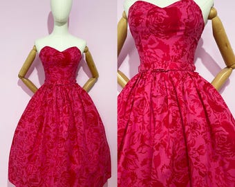 Vintage / 1980s 80s Does 1950s 50s / Strapless Sweetheart Dress / Full Skirt Party Dress / Matching Belt / Pin-Up