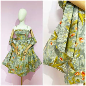 Vintage / 1950s 50s / Day Dress Matching Shawl Garden Party / Floral / Green Blue Red / Pinup