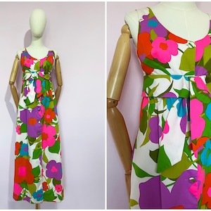 Vintage / 1960s 60s 1970s 70s / Flower Power Pop Art Bright Maxi Dress / Pink Orange Purple Green White