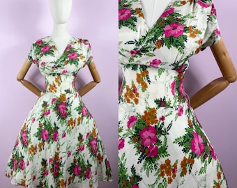 Vestido auténtico vintage de los años 50 / Blanco Rosa Naranja Floral Falda larga Fiesta en el jardín / Grande