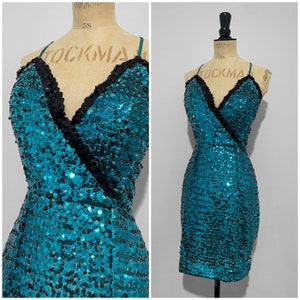 Vintage / 1970s 70s / Sequin Sparkle Disco Dress / Abba / Blue Turquoise Black Party