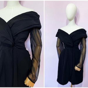 Vintage / 1980s 80s / Bardot Sheer Dress / Mini Dress Party Dress / Black