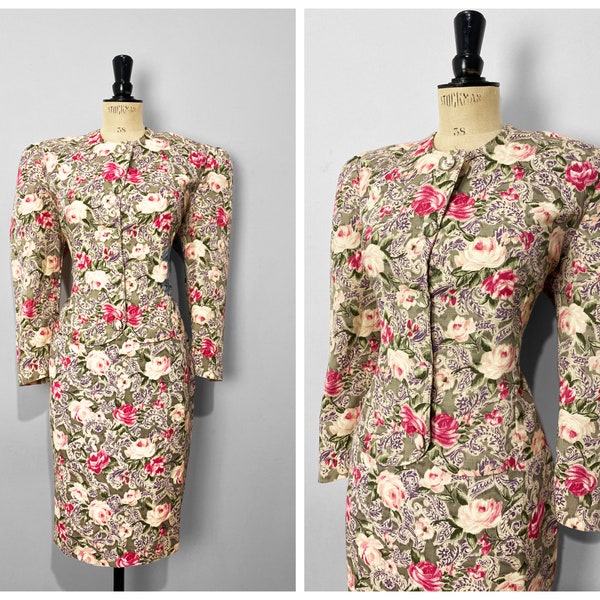 Vintage / 1980s 80s / Floral Suit / Spring Summer Workwear Daywear / Pink White Roses