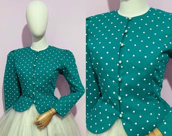 Vintage / Década de 1980, años 80, años 50, años 50 / Chaqueta de lunares turquesa y perla blanca / Chaqueta de día y noche / Pin-up
