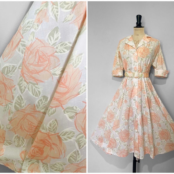 Vintage / 1950s 50s / Floral Print Full Slirt Summer Dress / White Pink Peach / Pinup